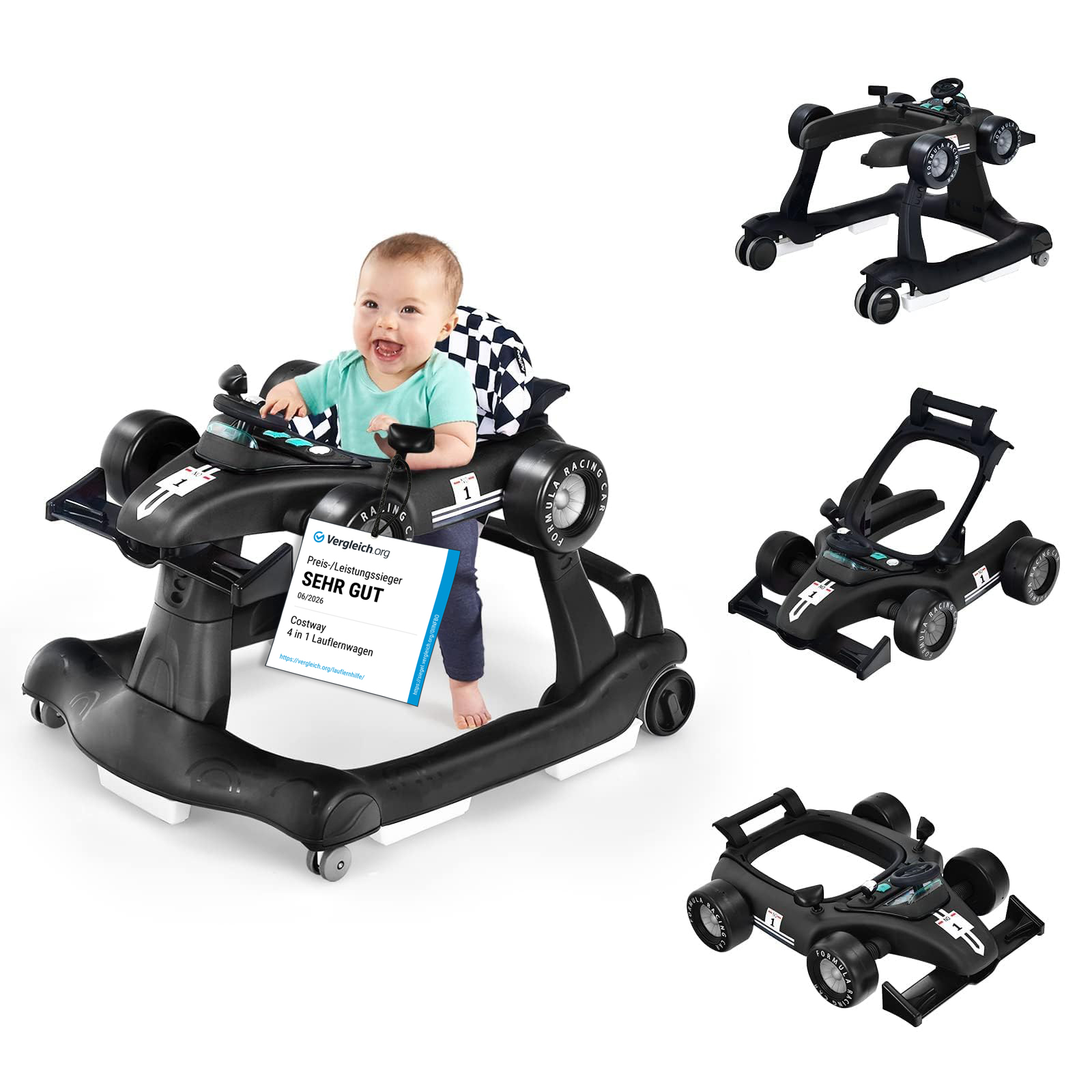 4 in 1 Lauflernwagen Klappbarer Lauflernwagen 73 x 61 x 51,5/53,5/55,5 cm Schwarz
