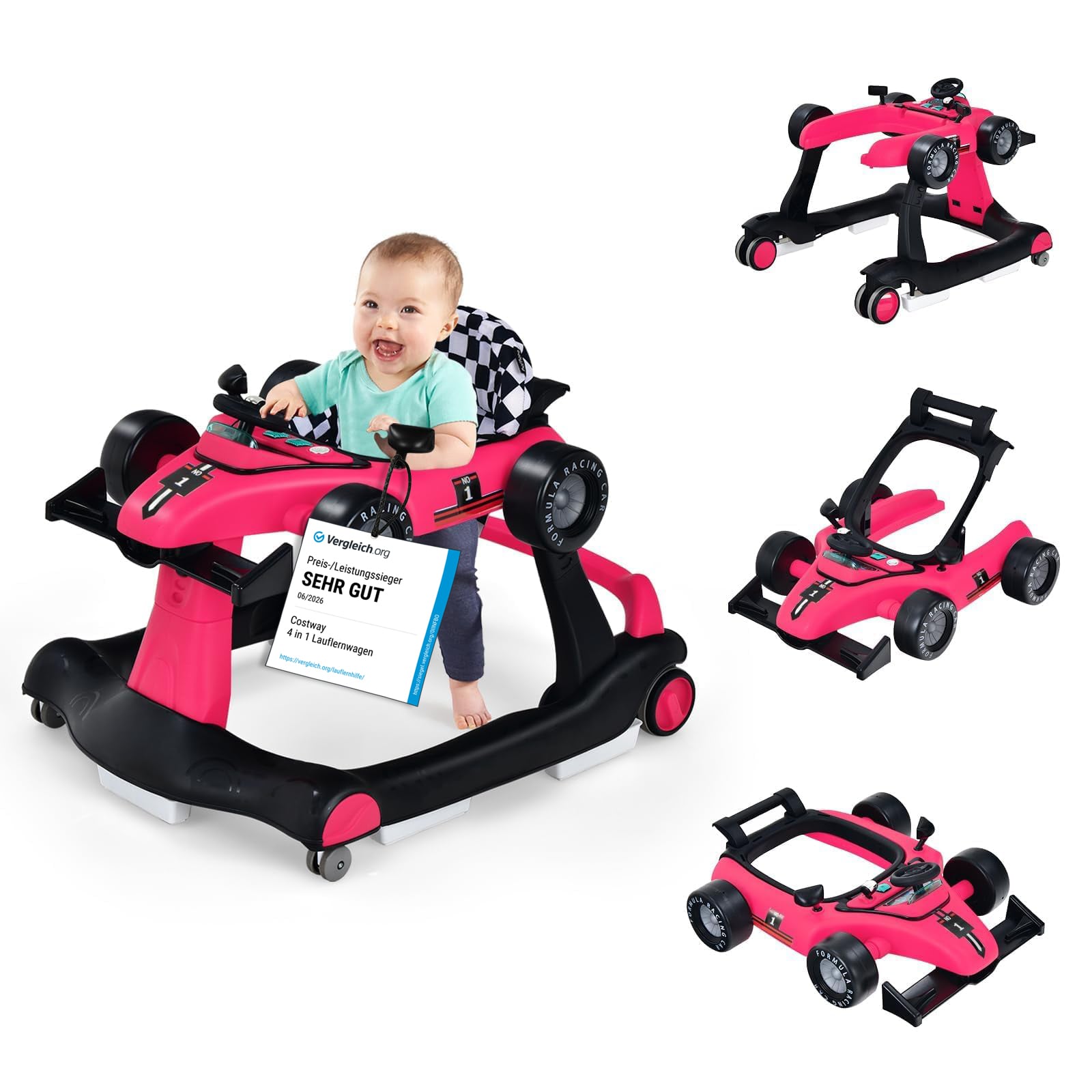 4 in 1 Lauflernwagen Klappbarer Lauflernwagen 73 x 64 x 50,5/53,5/55,5 cm Rosa