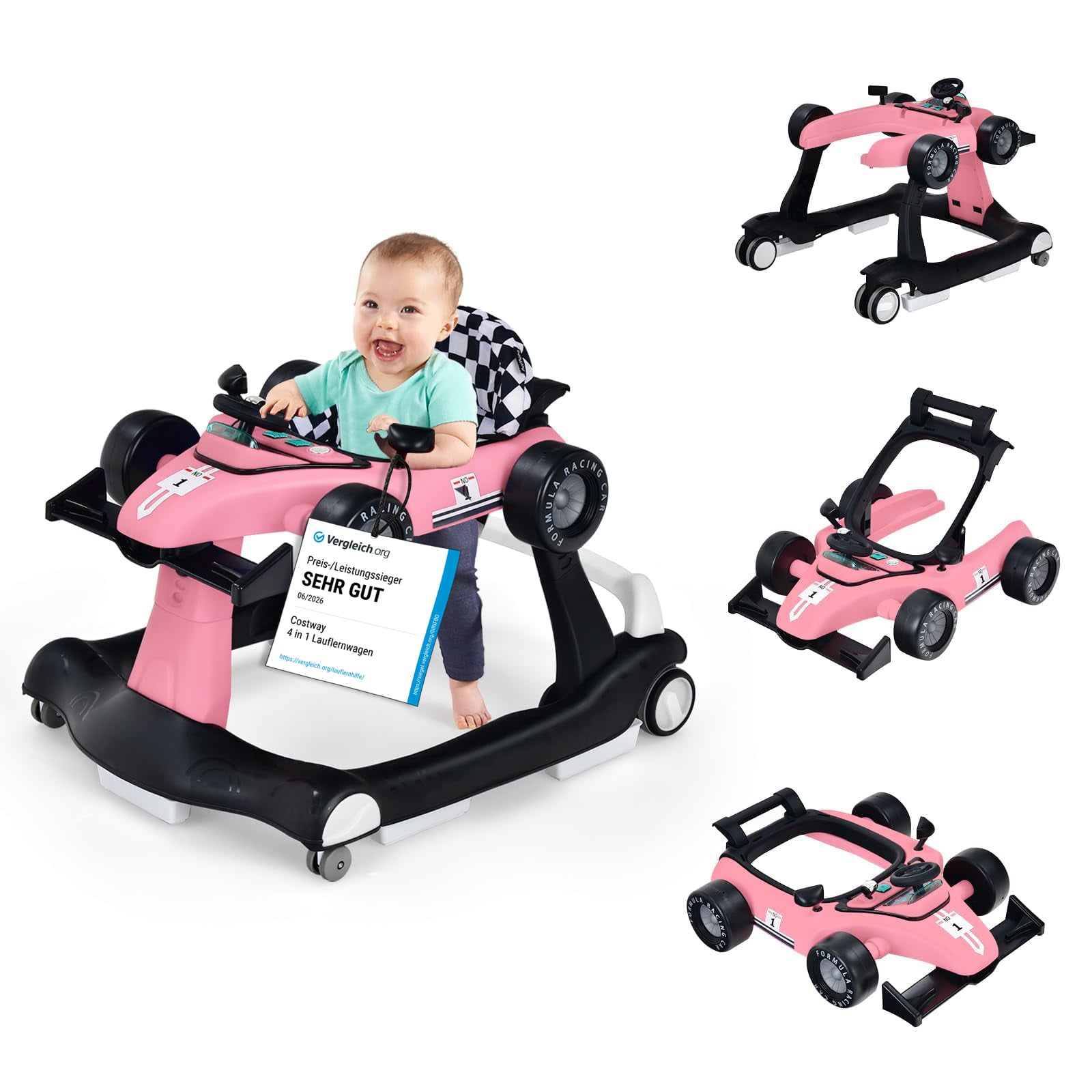 4 in 1 Lauflernwagen Klappbarer Lauflernwagen 73 x 64 x 50,5/53,5/55,5 cm Pink
