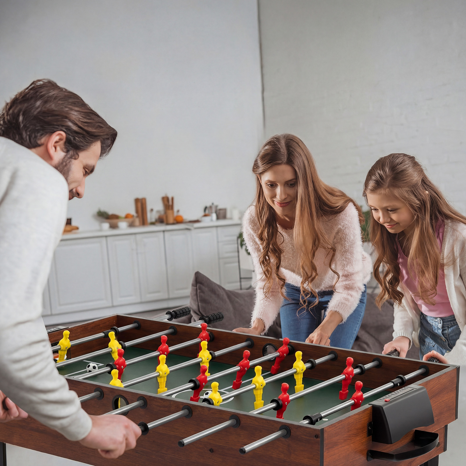 4 in 1 Multispieltisch mit Tischkicker & Poolbillard & Airhockey & Tischtennis Arcade Spielset Braun