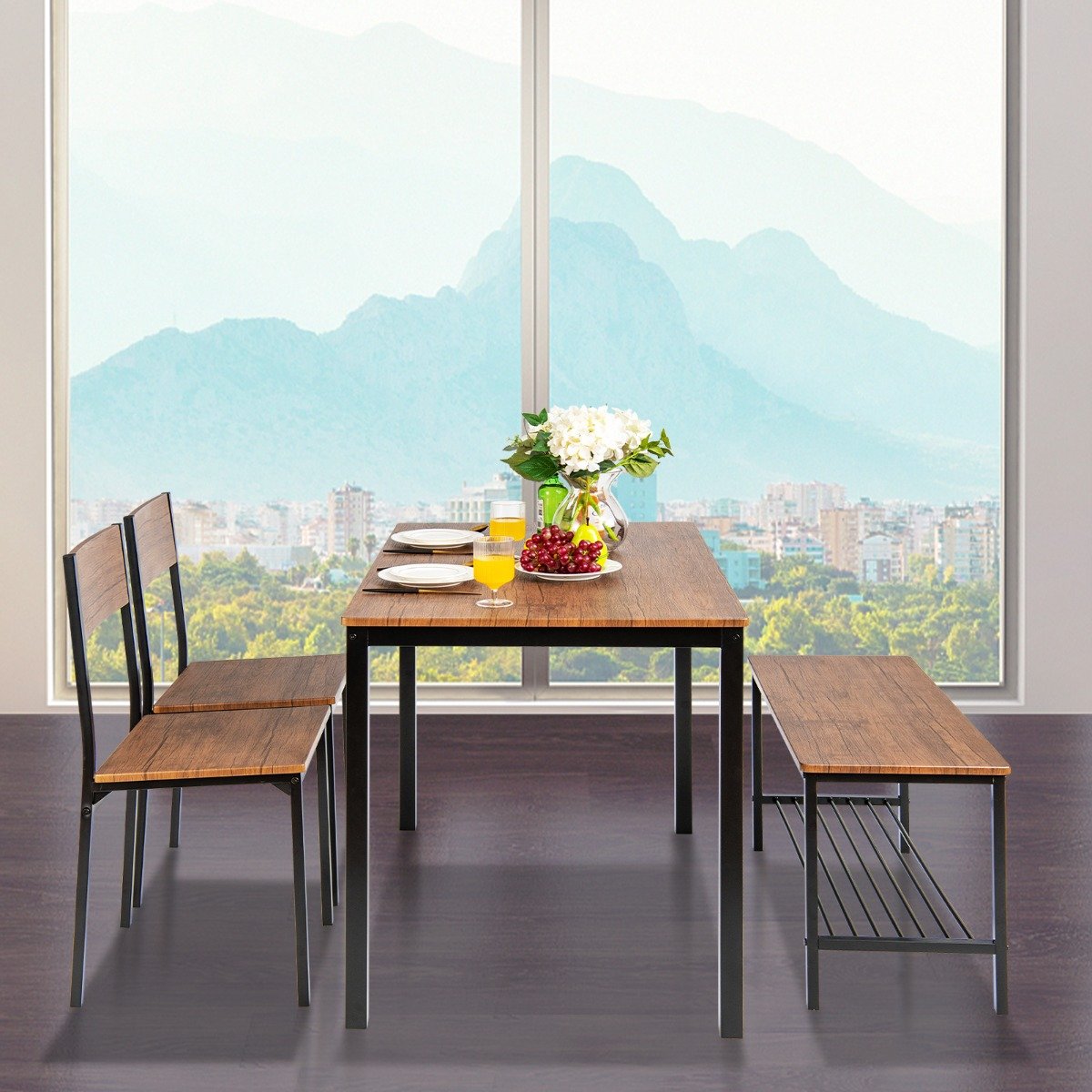 4-teiliges Esstisch und Stuhl Set mit 2 Stühlen & 1 Bank Sitzgarnitur Braun