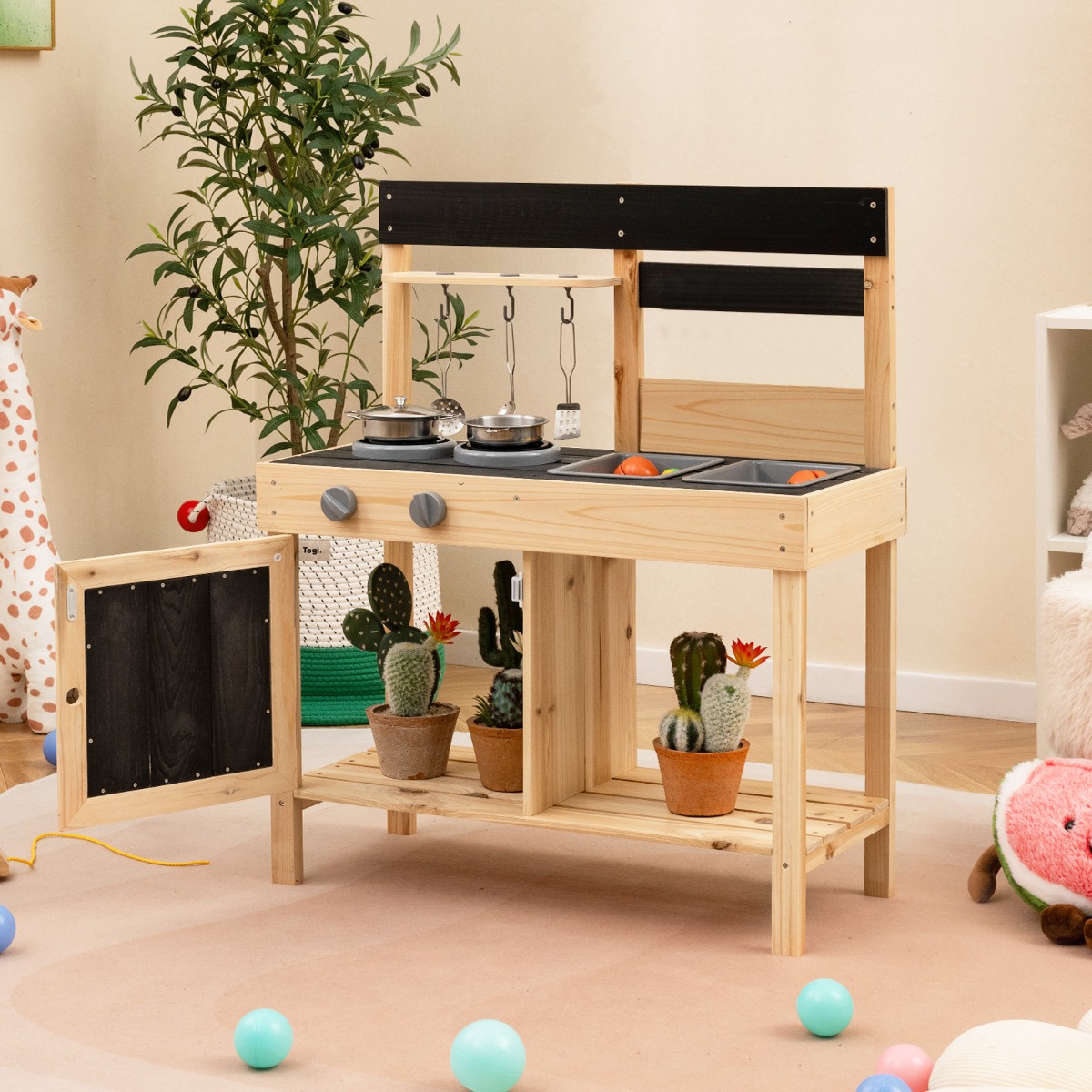 Kinder Spielküche mit 2 Abnehmbaren Spülbecken & Wasserhahn & Herd & Küchengeschirr