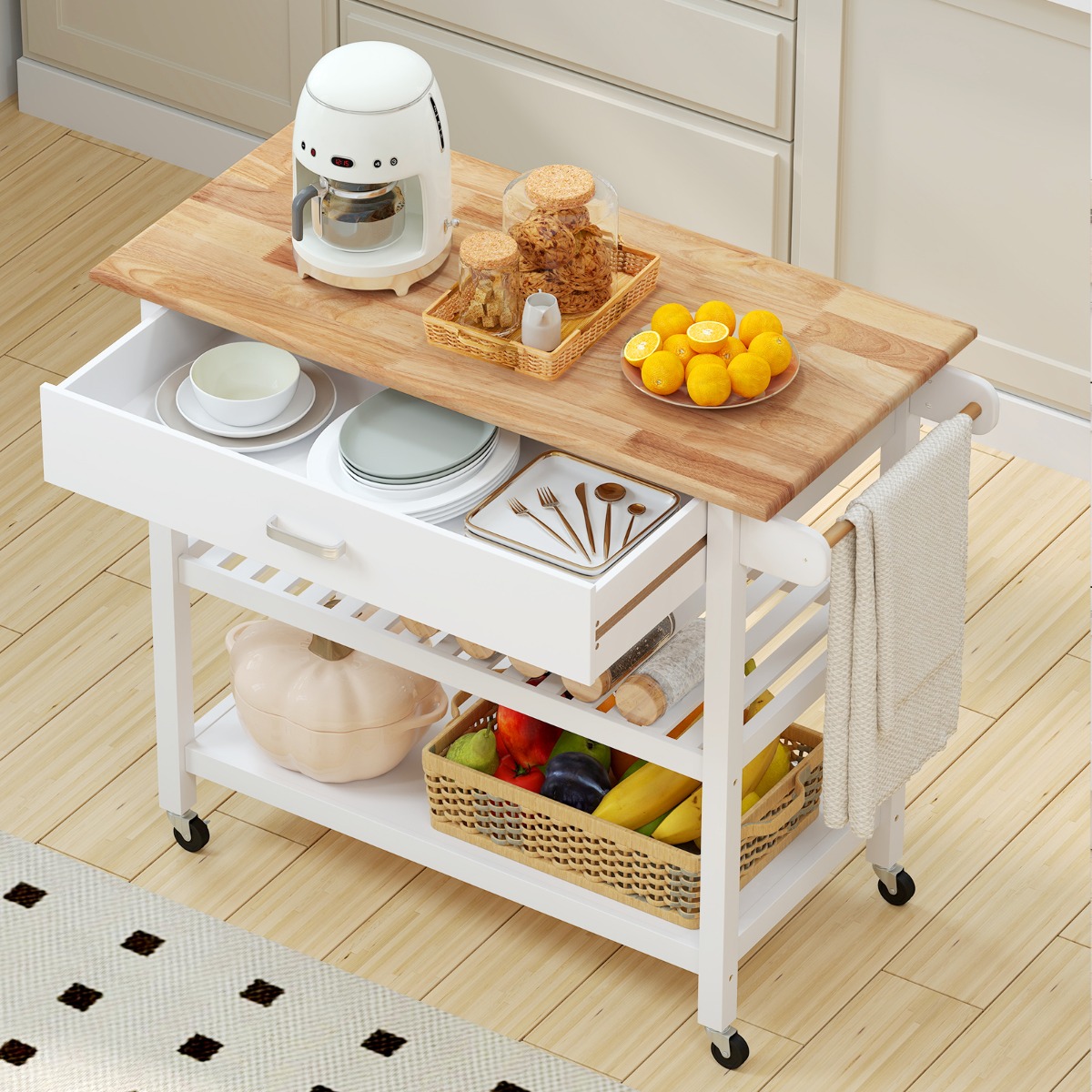 Mobile Kücheninsel mit Arbeitsplatte & Schublade Küchenwagen 3-stöckiger Küchenrollwagen Weiß