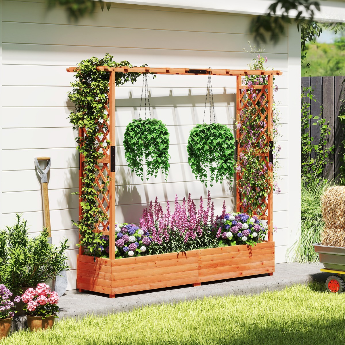 Blumenkasten mit Rankgitter & Hängendem Dach Pflanzkasten Hochbeet Pflanzkübel Orange
