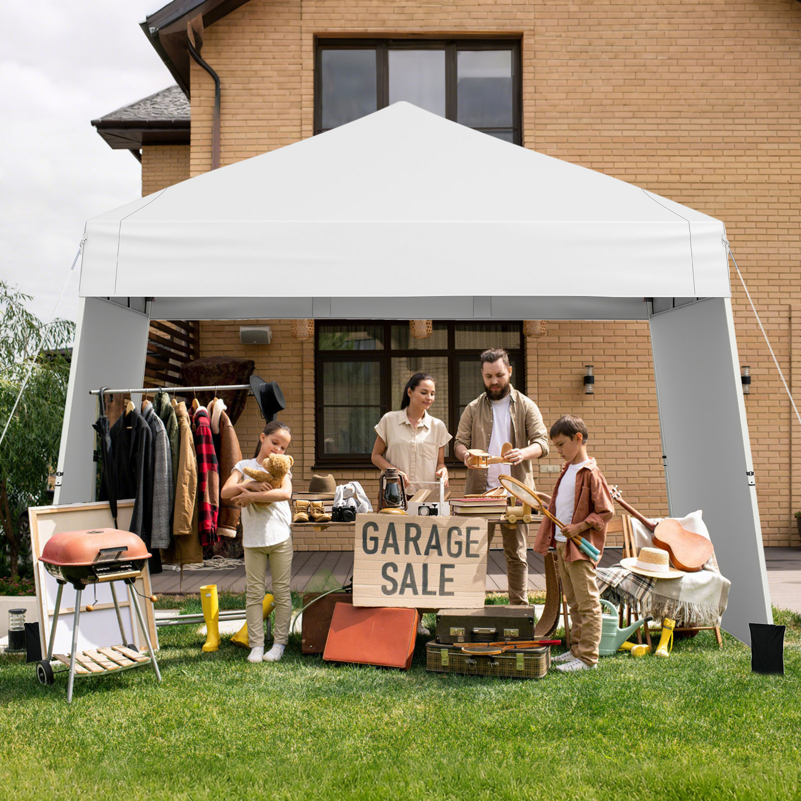 430 x 280 cm Pop-up Pavillon mit 2 Umwandelbaren Seitenwänden zu Markise Weiß