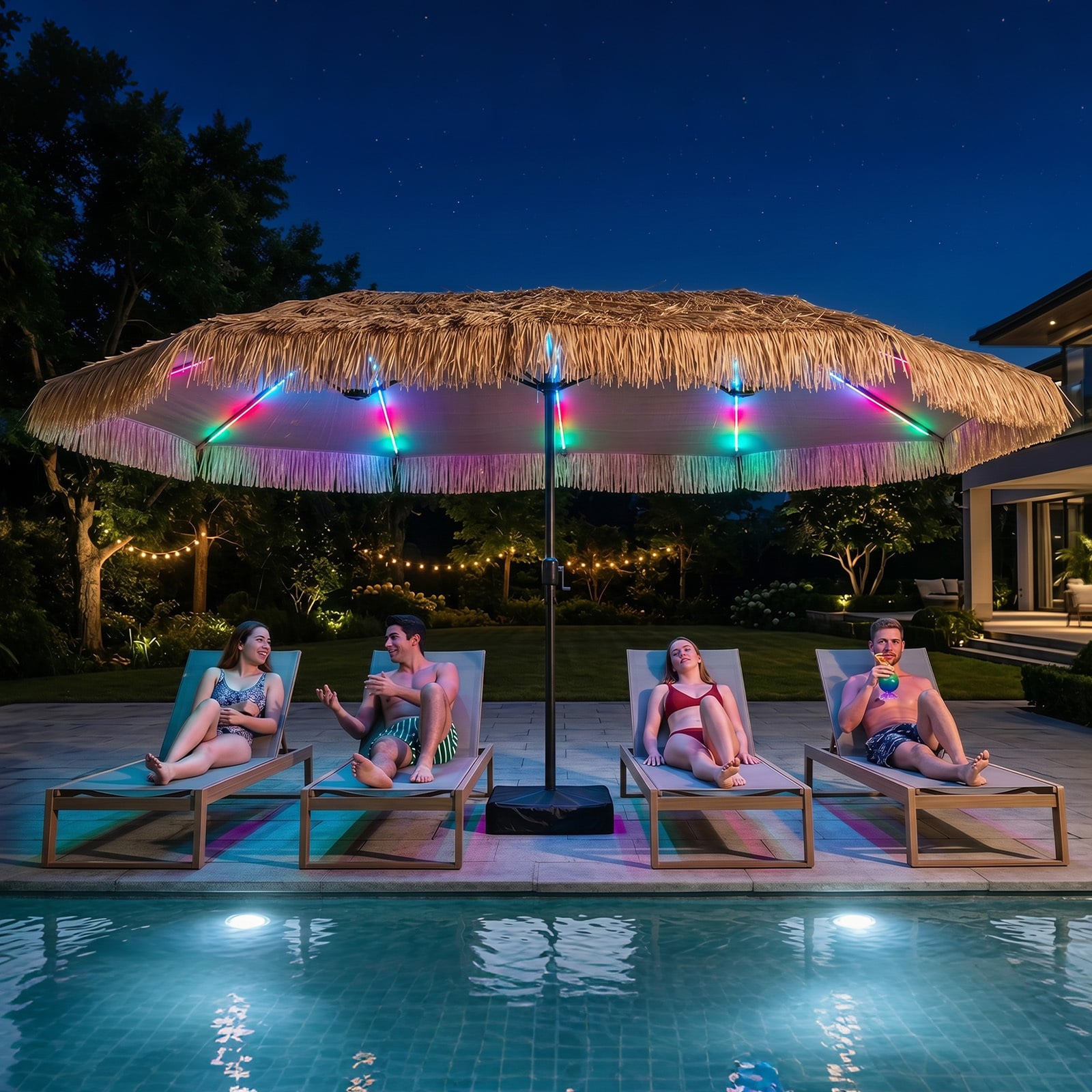 450 cm Hawaii Sonnenschirm mit LED & Schirmständer Strohschirm mit Kurbel Sonnenschutz & 12 Metallstreben