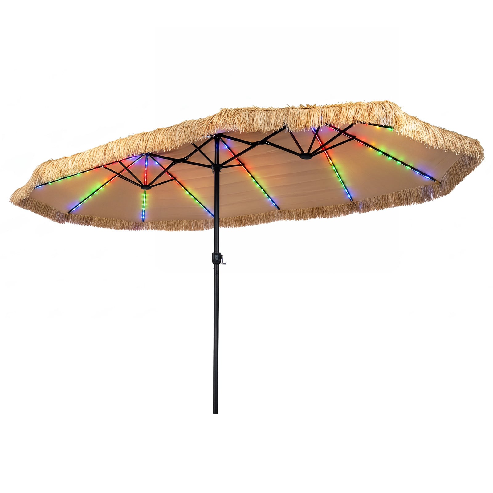 450 cm Sonnenschirm Hawaii Strohschirm mit Kurbel & 12 Metallrippen Gartenschirm mit LED-Leuchten
