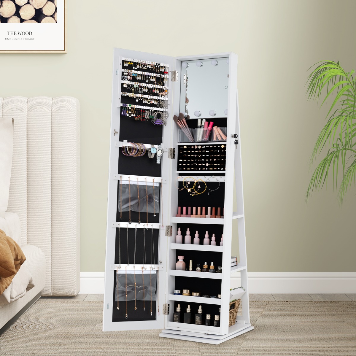360° Drehbarer Schmuckschrank Freistehender Schmuckorganizer mit Ganzkörperspiegel & Rückregalen Weiß