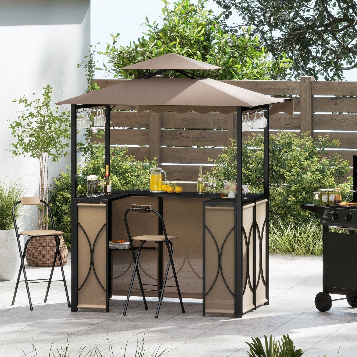 Wetterfester Grillpavillon mit Bar & 2 Barhockern Gartenpavillon mit Doppeldach & Markise Braun