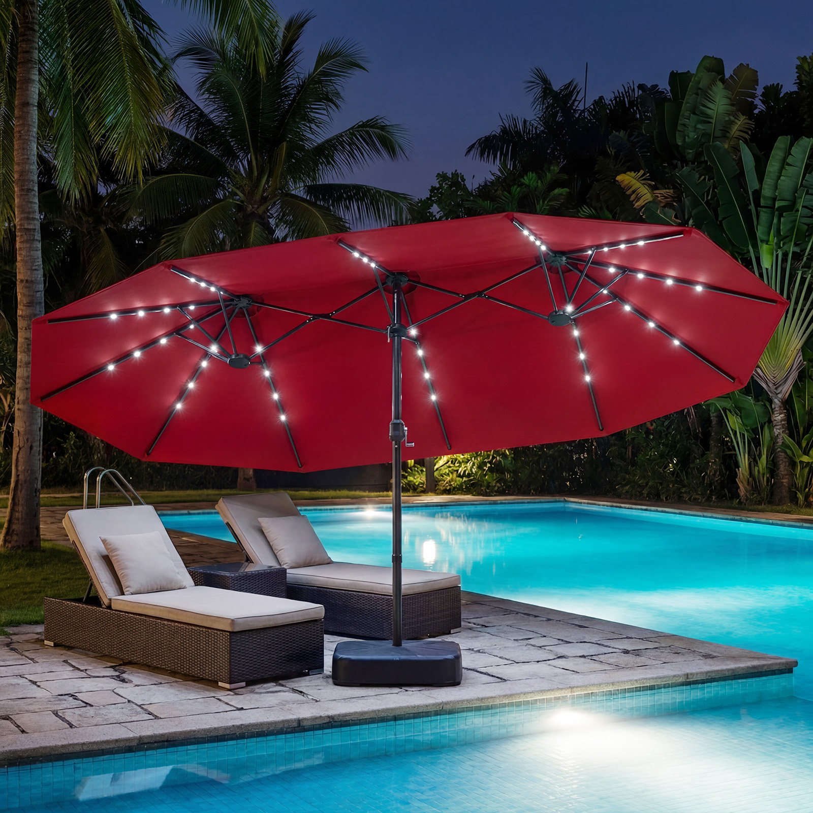 470 cm Großer Doppel-Terrassenschirm mit 48 Solar-LED-Lichtern & Basis Außenschirm Weinrot