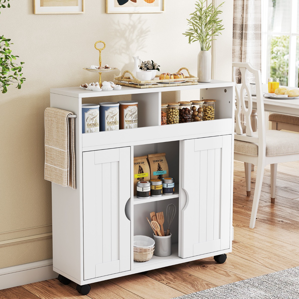 Nischenschrank mit Rollen & Verstellbarem Regal & Handtuchhalter & Schiebetüren Badrollwagen