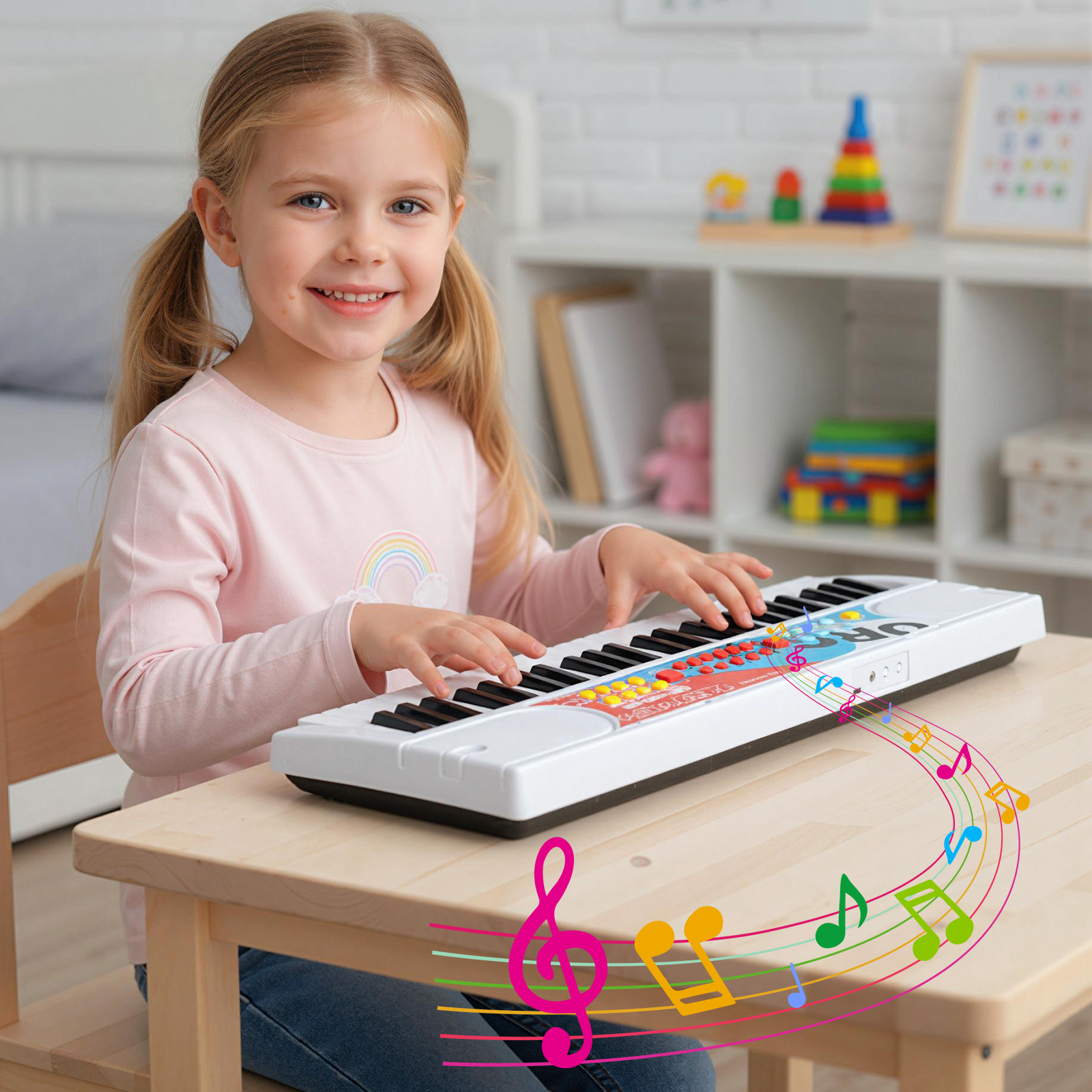 49 Tasten Kinder Klavier Keyboard mit 8 Rhythmen & 8 Klängen Tragbares Elektrisches Keyboard Weiß