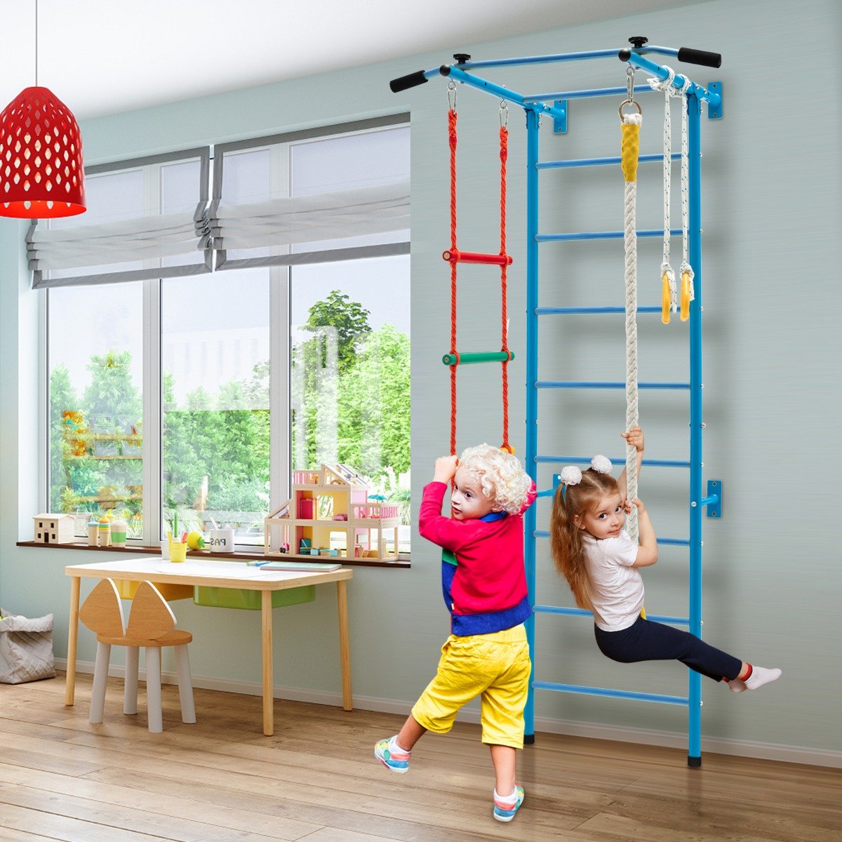 Kinder Kletterwand Heimsportgerät für Kinder bis 100 kg  107 x 83 x 223 cm Blau