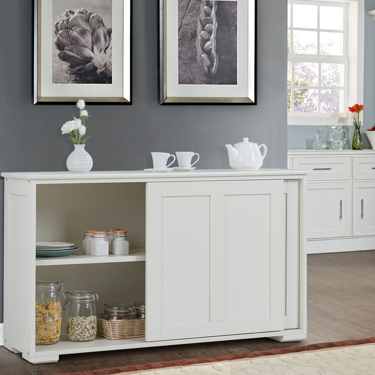 Sideboard Anrichte Küchenschrank Beistellschrank mit Schiebetüren Weiß/Braun 106,5 x 33 x 60 cm-Beige