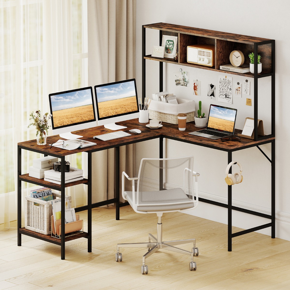 L-förmiger Schreibtisch mit Bücherregal Eckschreibtisch Gaming Tisch Computertisch Rustikal Braun