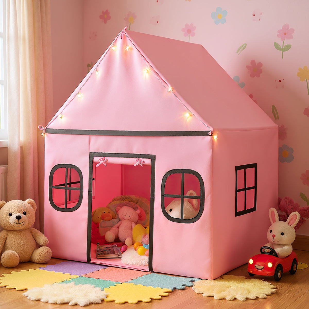 Spielhaus Kinder Indoor Kinderzelt mit Sternlichter & Gepolsterte Matte Rosa + Schwarz