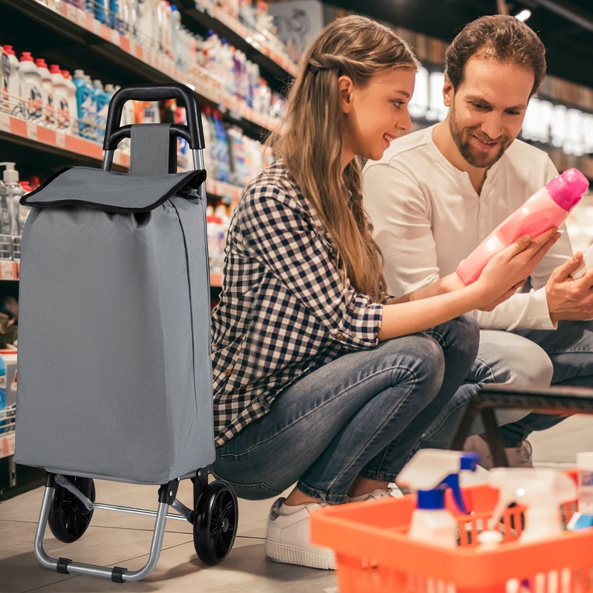 35L Klappbarer Einkaufstrolley mit Abnembarer Einkaufstasche & Seitentasche Einkaufswagen Grau