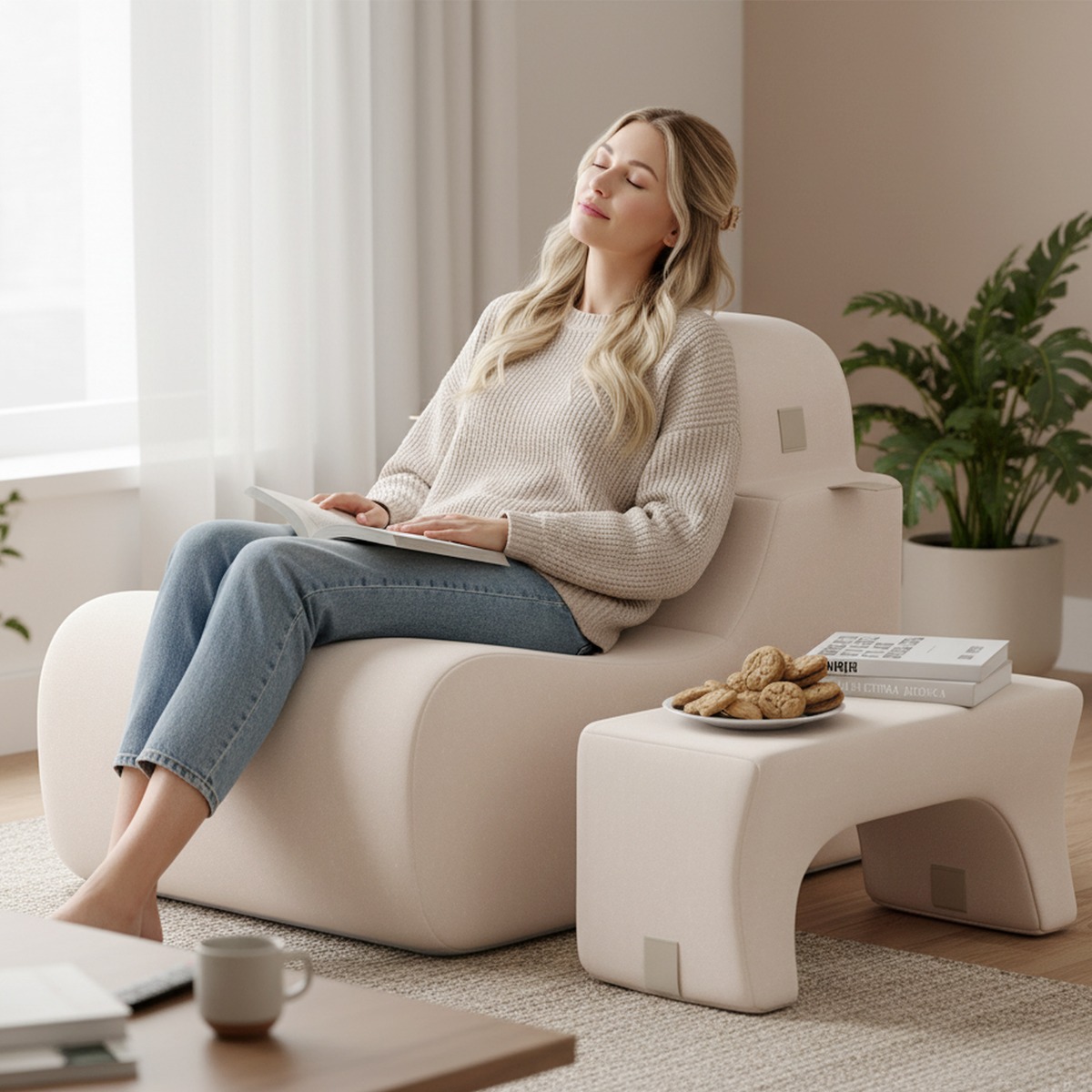 Bodensessel für Erwachsene Lazy Sofa mit abnehmbarem Kopfstütze waschbarer Eisveloursbezug Beige
