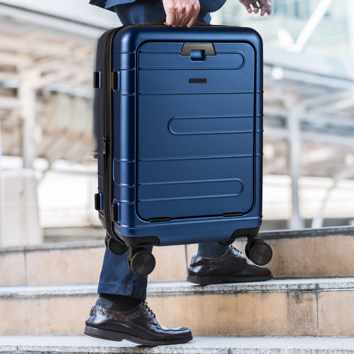 Erweiterbarer Reisekoffer leichter PC-Hartschalenkoffer 20 Zoll Flugzeugtaugliches Rollgepäck Marineblau