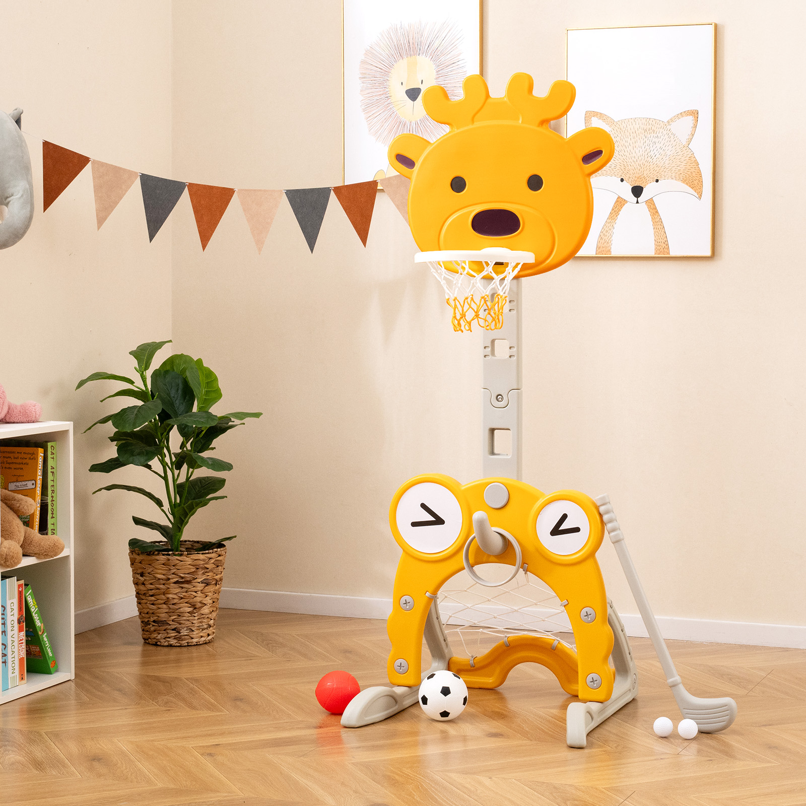 4 in 1 Aktivitätscenter mit Korb & Fußballtor & Ringwurf & Golf Höhenverstellbares Basketballständer Giraffe