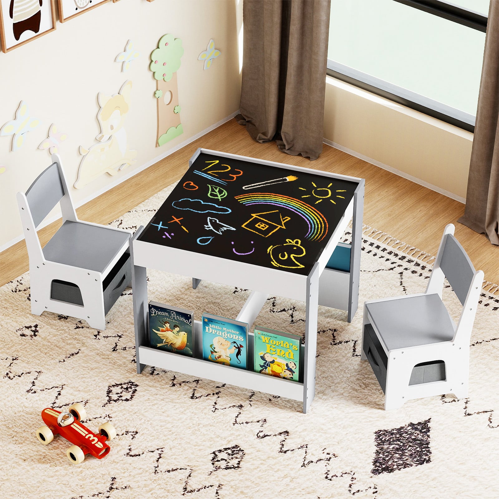 4 in 1 Kinder Tisch- & Stuhlset mit Wendem Tischplatte & Bücherregale Kindertisch-Set Grau