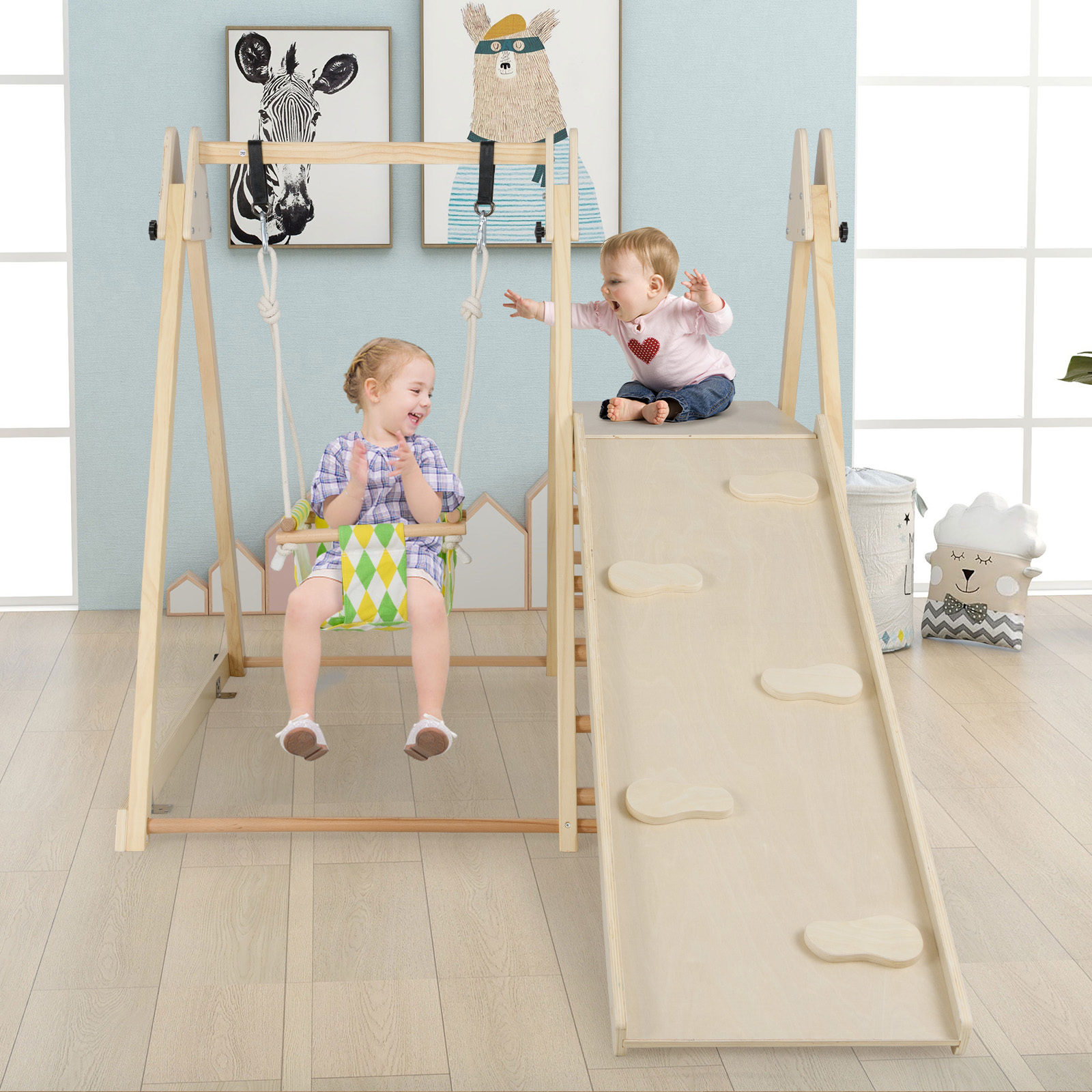 4 in 1 Klettergerüst mit Babyschaukel & Ruheplattform & Kletterrampe & Leiter Montessori Kletterset Natur