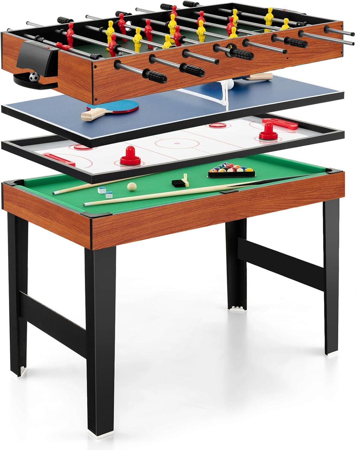 4 in 1 Multispieltisch mit Tischkicker & Poolbillard & Airhockey & Tischtennis Arcade Spielset Braun