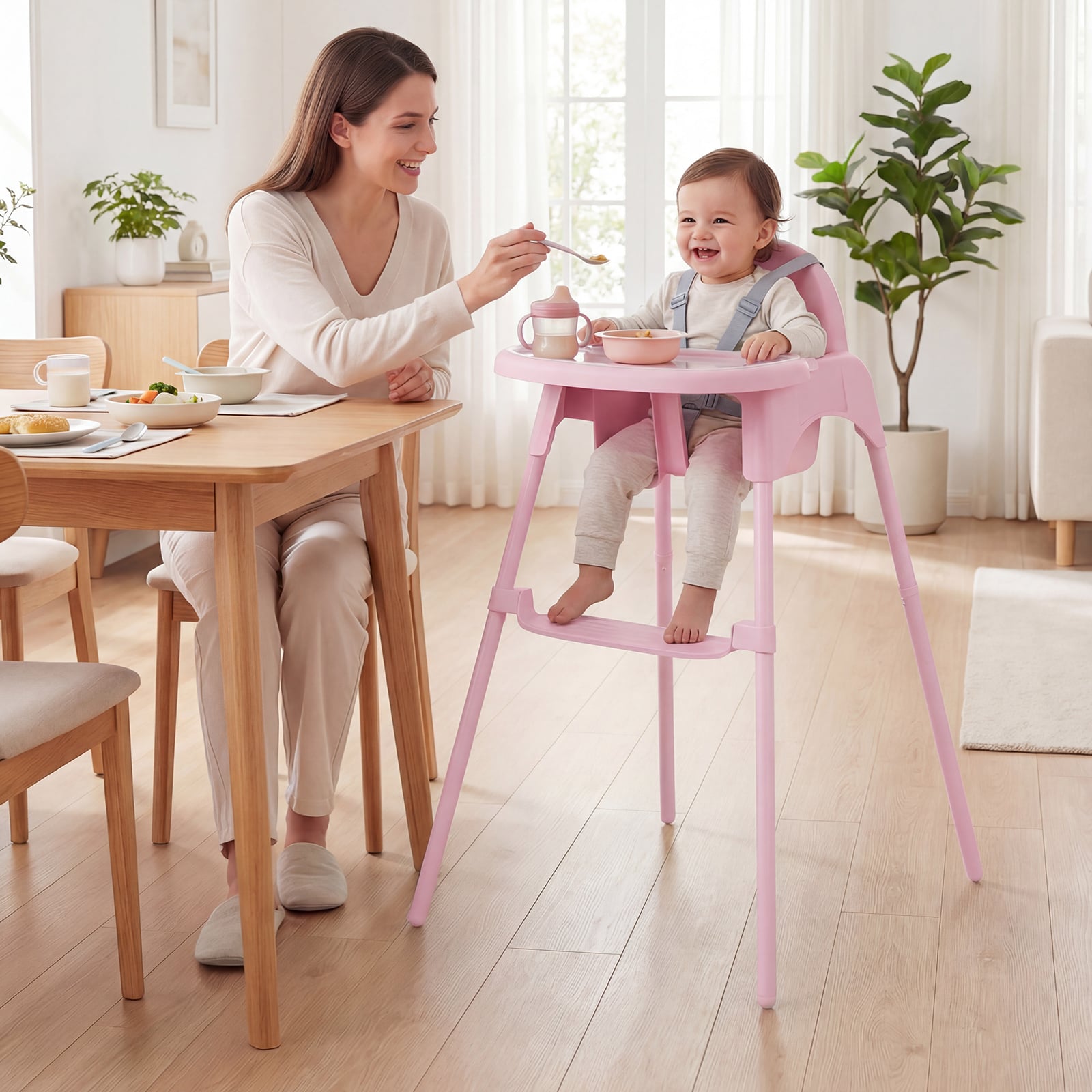 4-in-1 wandelbarer Hochstuhl für Babys Babyhochstuhl mit 2 Höhen Kinderstuhl Rosa