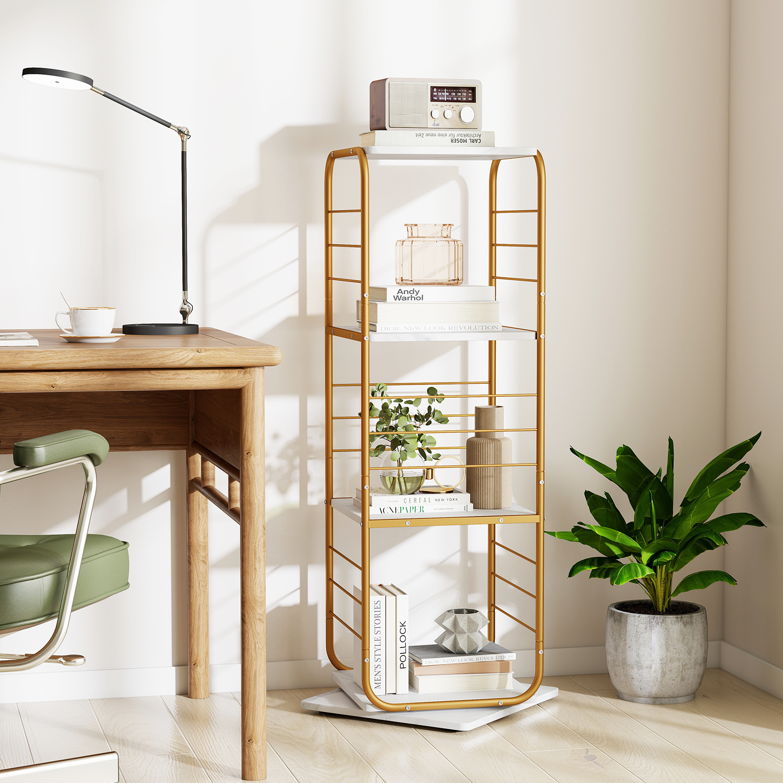 4-stöckiges drehbares Bücherregal 360° drehbarer Bücherturm mit Metallrahmen Gold und Weiß