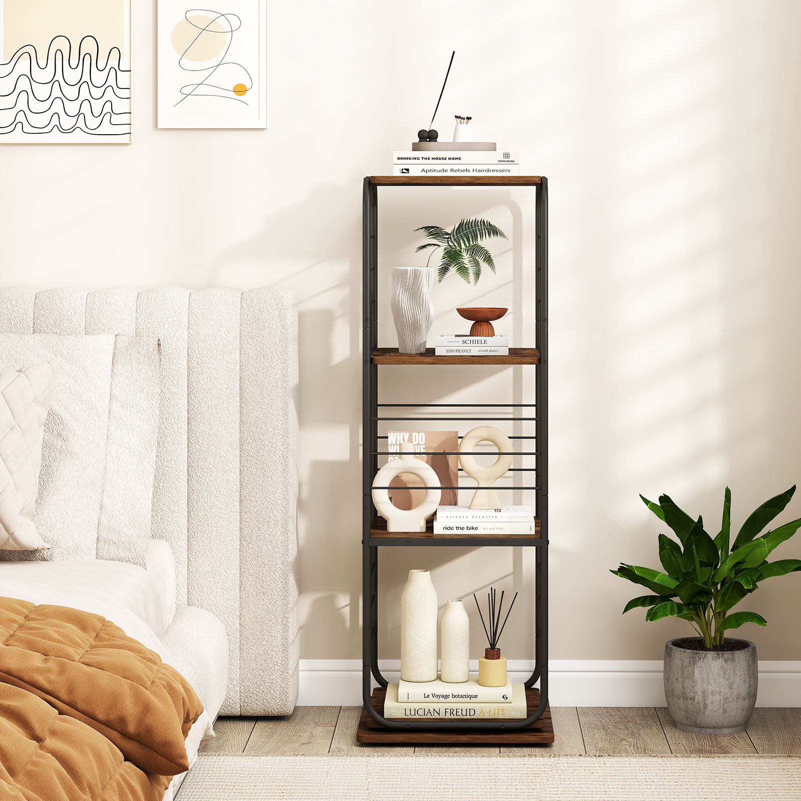 4-stöckiges drehbares Bücherregal 360° drehbarer Bücherturm mit Metallrahmen Rustikal Braun