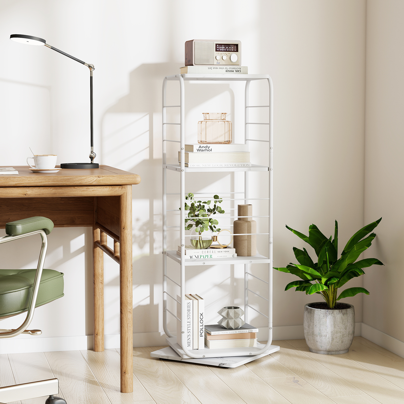 4-stöckiges drehbares Bücherregal 360° drehbarer Bücherturm mit Metallrahmen Weiß
