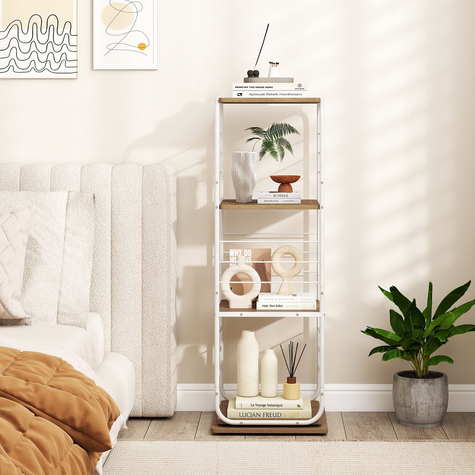 4-stöckiges drehbares Bücherregal 360° drehbarer Bücherturm mit Metallrahmen Weiß und Natur