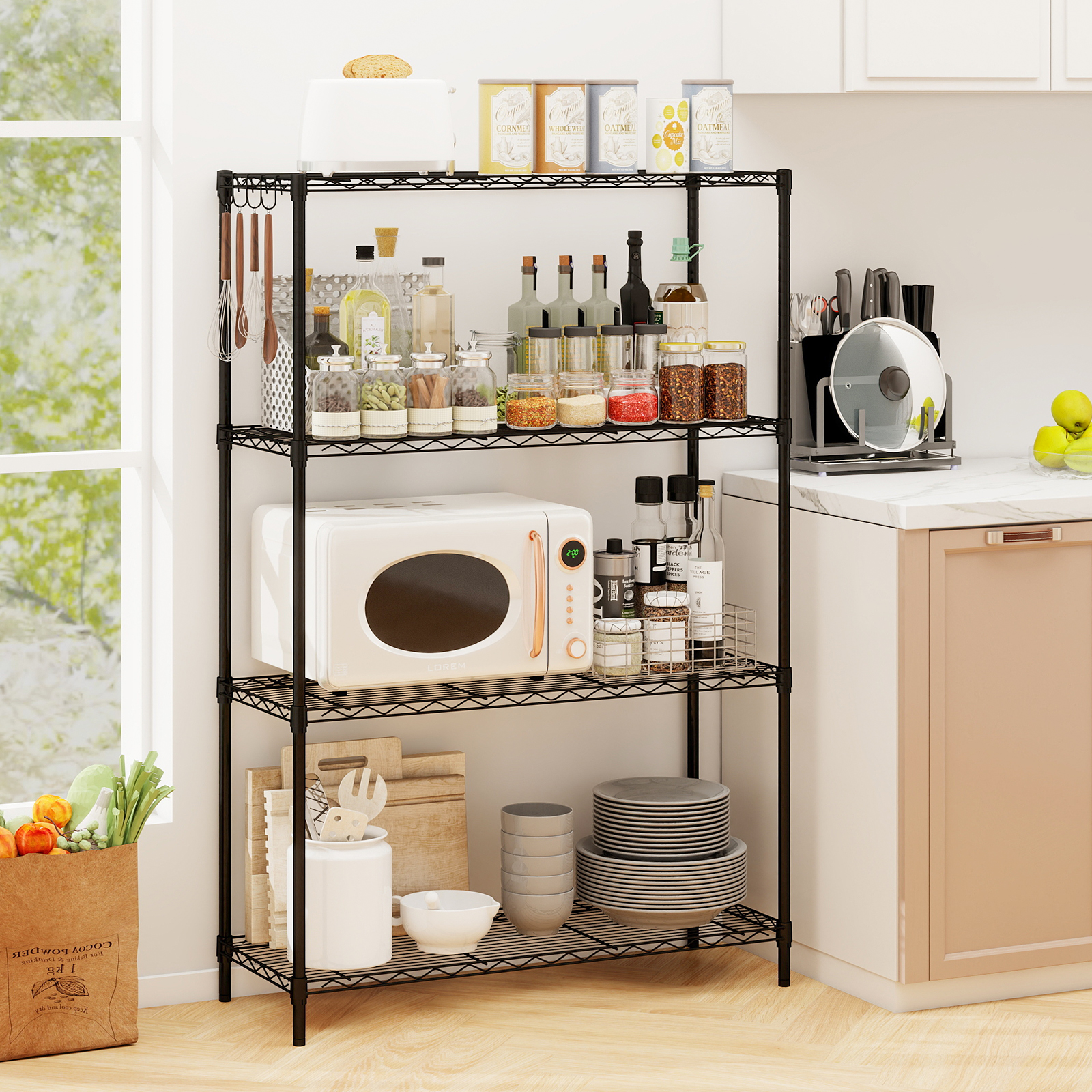 4-stöckiges Metall Standregal mit 4 Haken & Verstellbaren Ablagen Schwerlastregal 91 x 35 x 138,5 cm