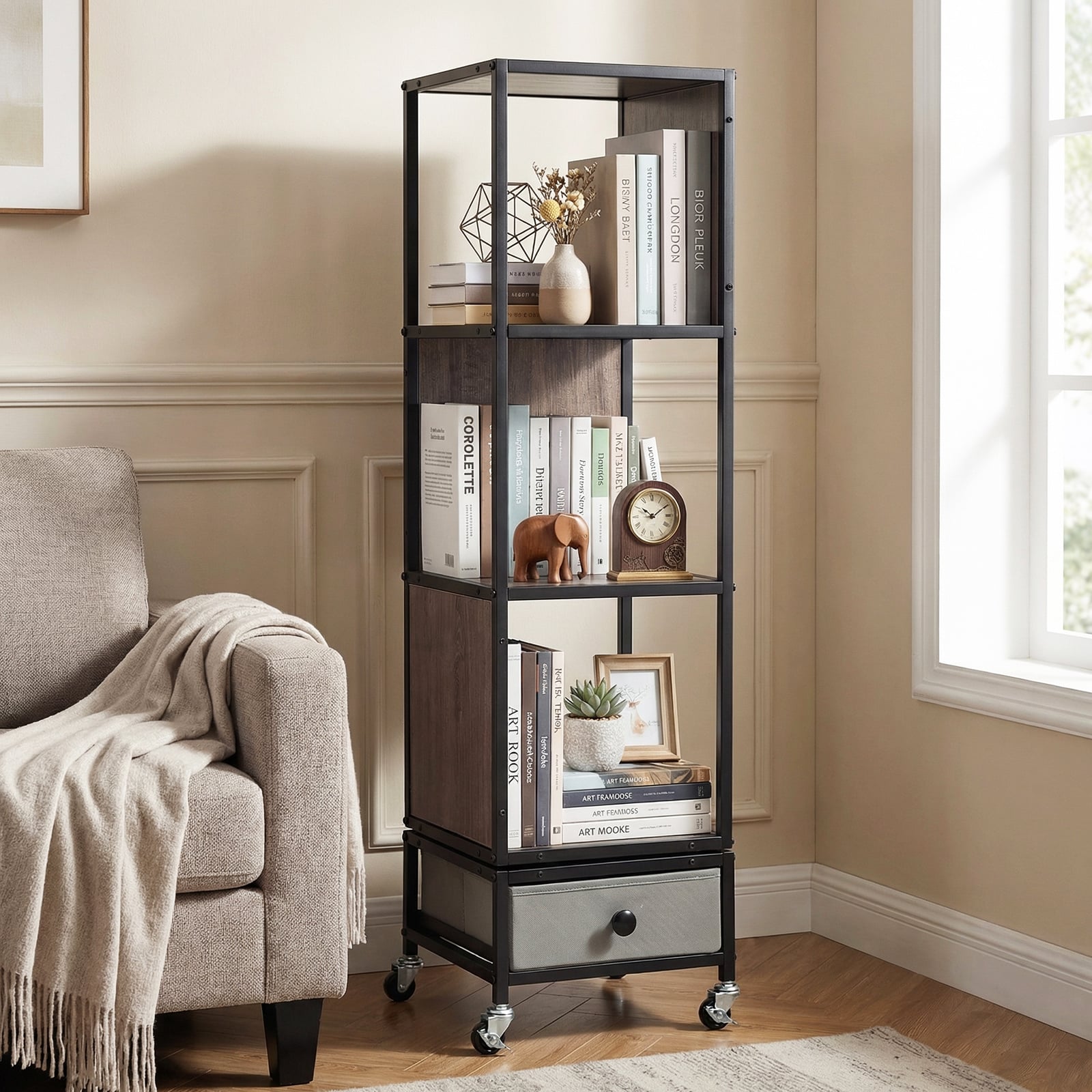 4 stöckiges Standregal auf Rollen Bücherregal mit Holzplatte & Stoff-Schublade Bücherwagen Grau