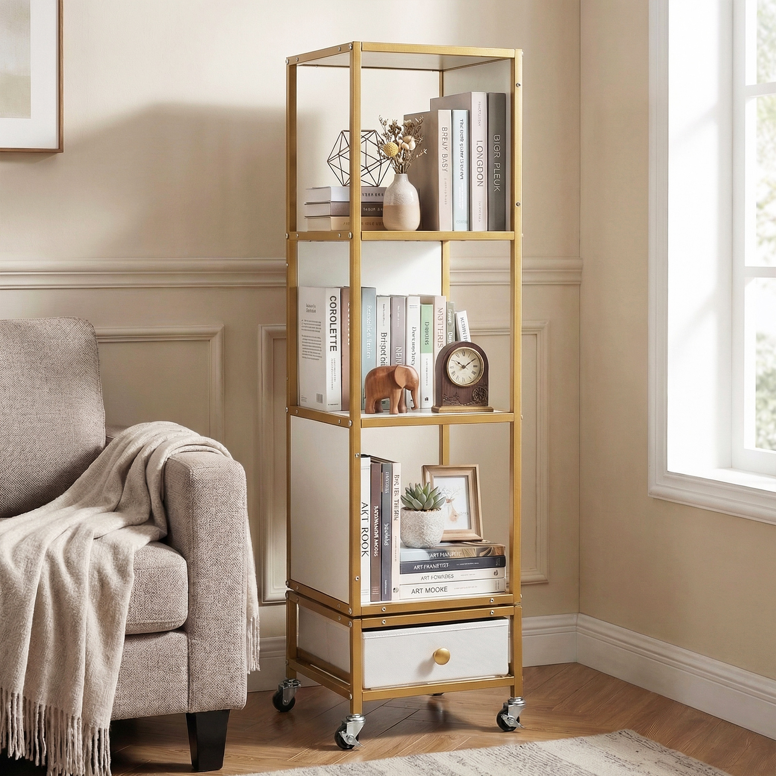 4 Stöckiges Standregal auf Rollen Bücherregal mit Holzplatte & Stoff-Schublade Bücherwagen Weiß