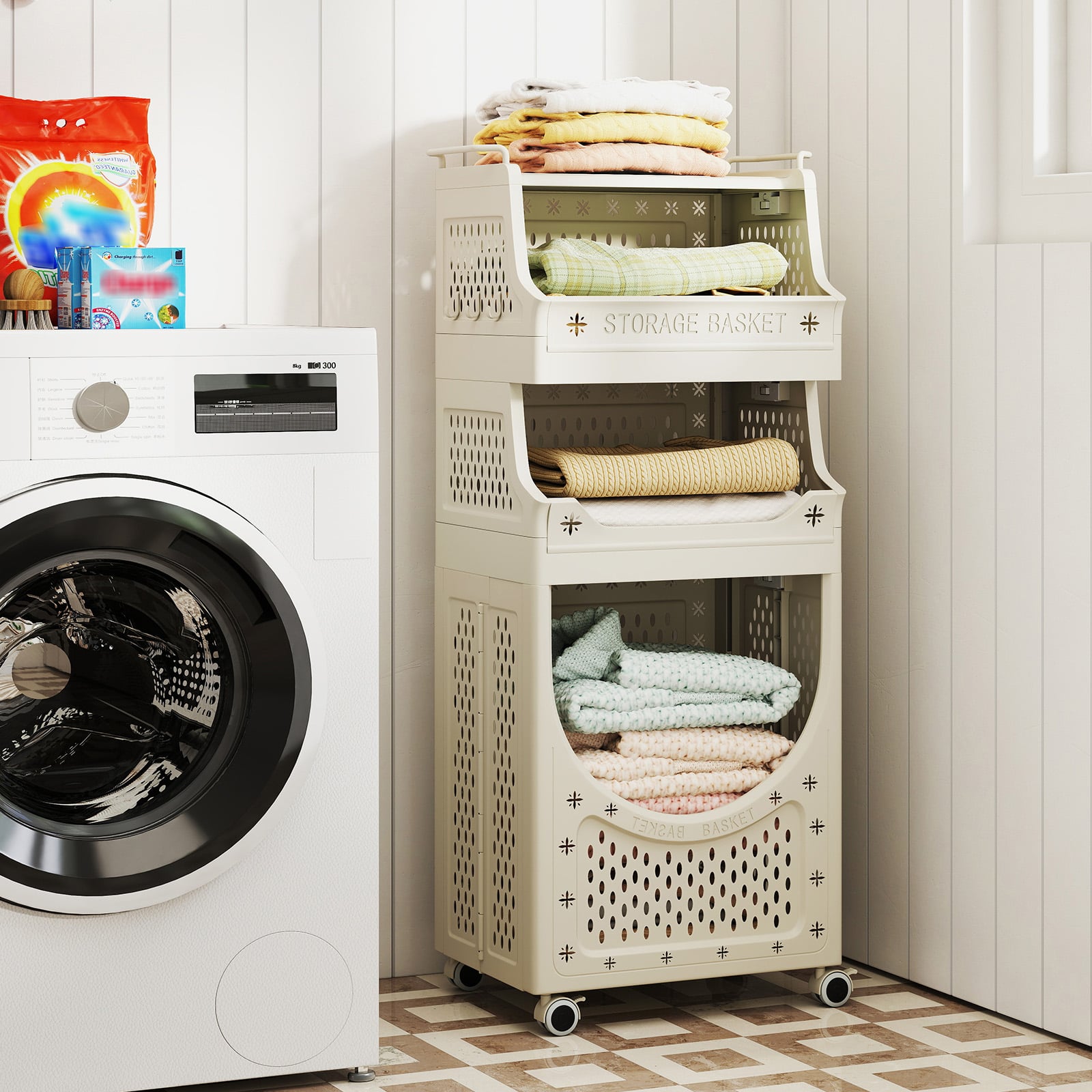 4-stufiger Wäschewagen faltbarer Wäschekorb mit abschließbaren Rollen 2 Körbe 6 Haken Beige