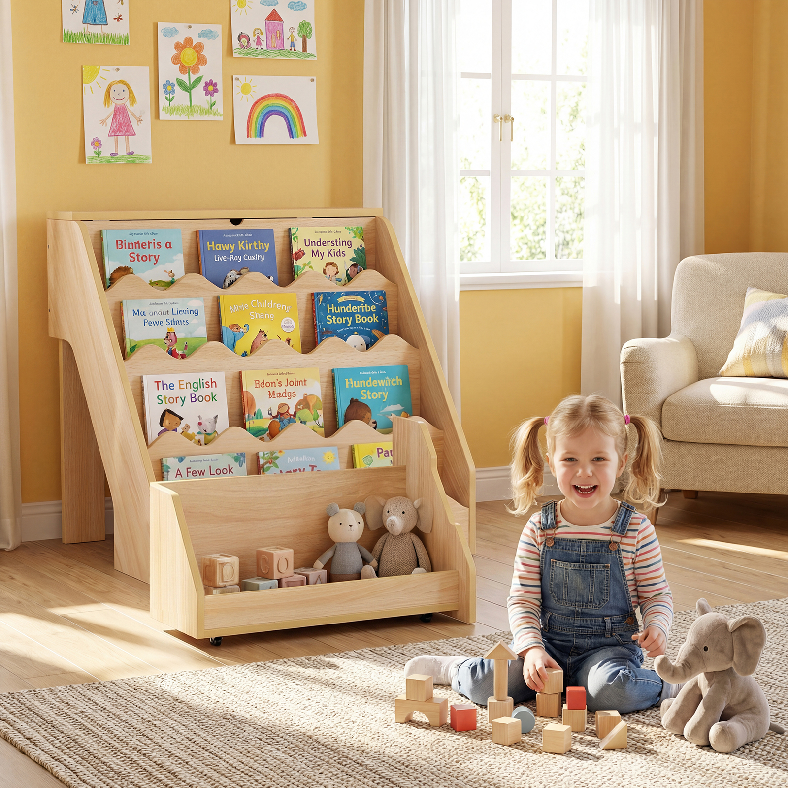 4 Stufiges Kinder Bücherregal mit Aufklappbaren Fach & Schublade auf Rollen Kinderregal Natur