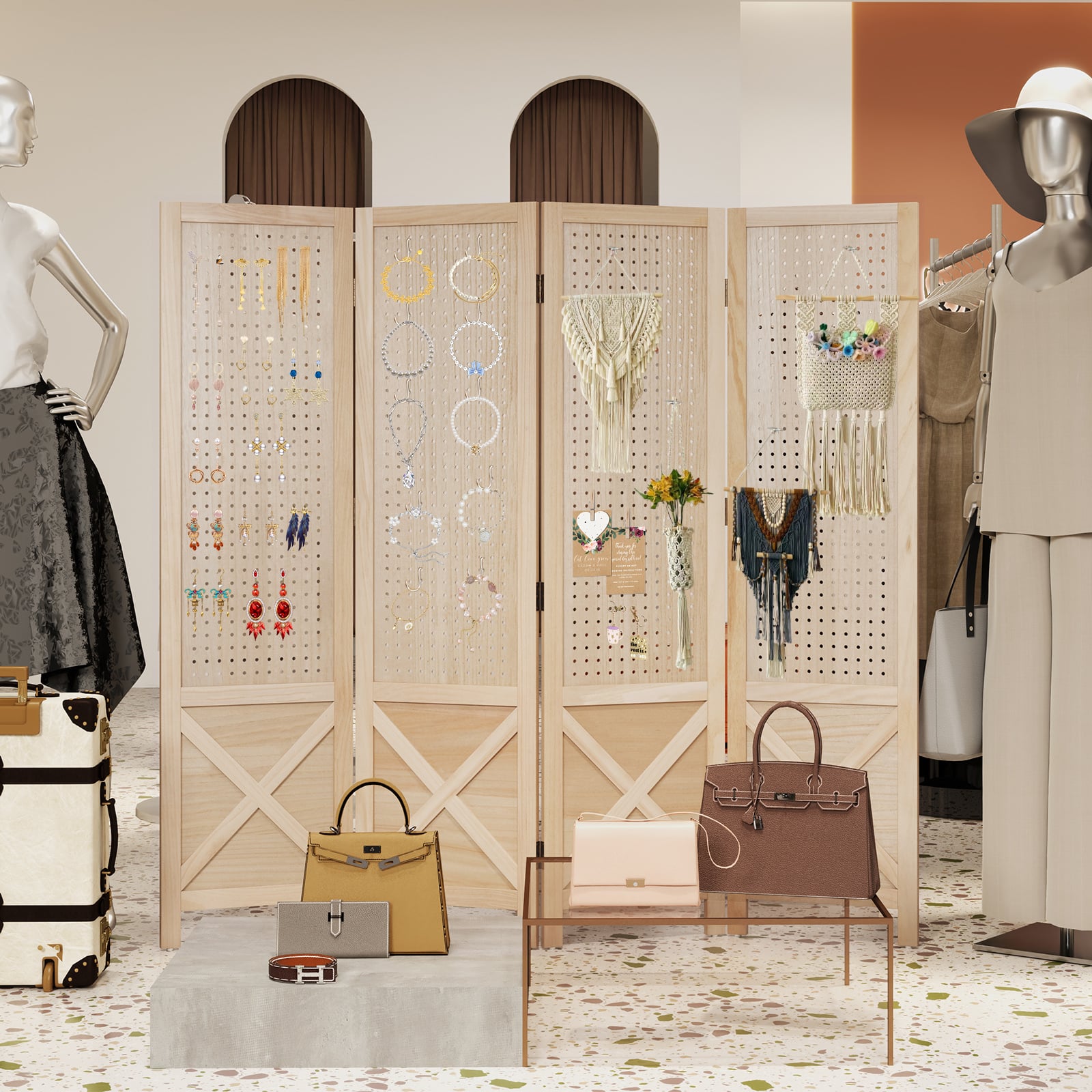 4-teiliger Raumteiler mit Stecktafel faltbarer Raumteiler freistehender Sichtschutz mit Massivholzrahmen Natur