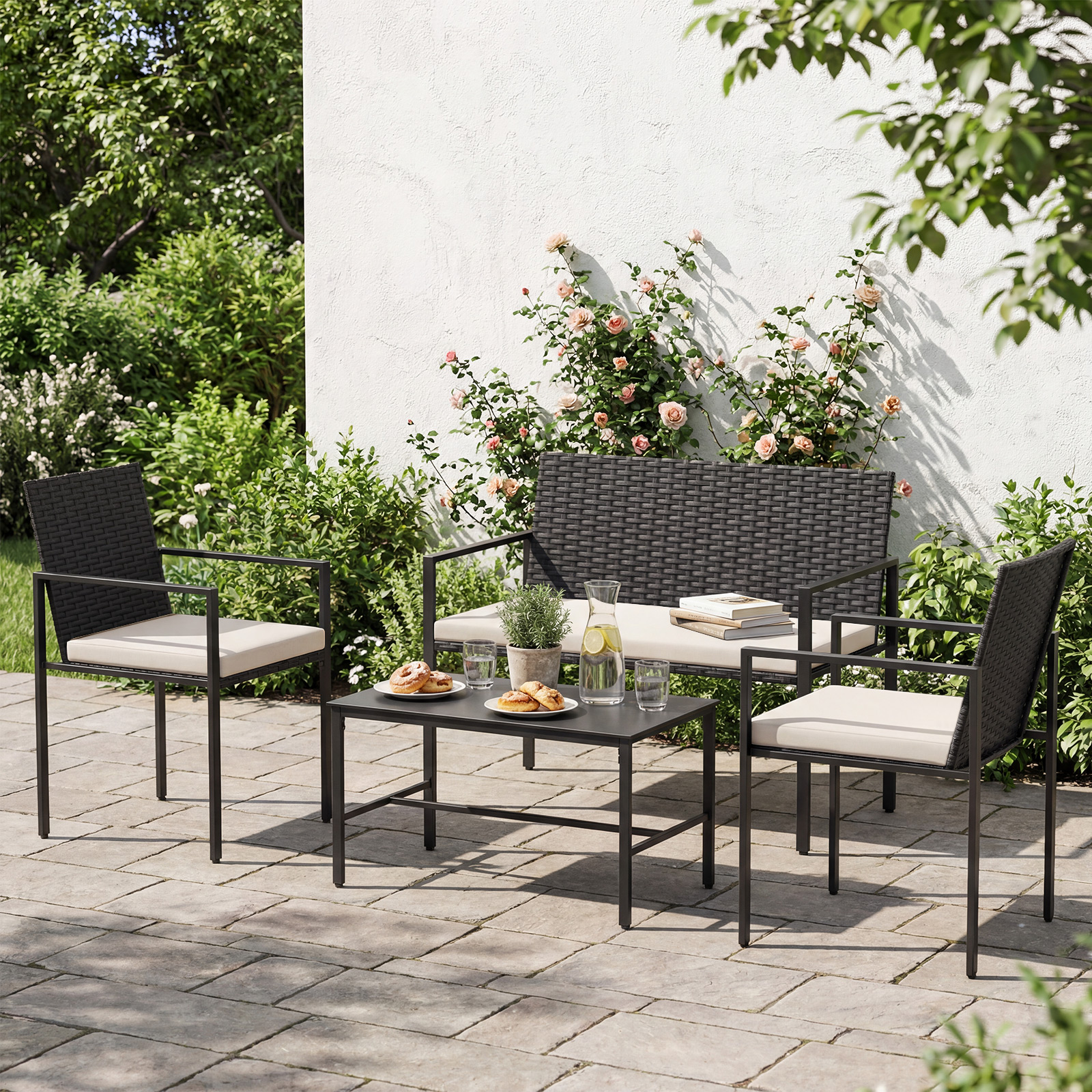 4-teiliges Gartenmöbel-Set Outdoor Rattan Stühle & Loveseat mit gehärtetem Glas-Couchtisch Beige