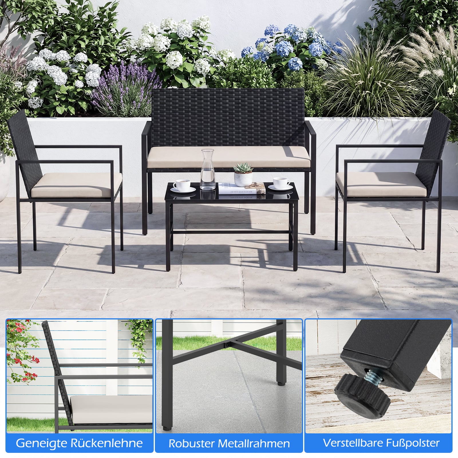 4-teiliges Gartenmöbel-Set Outdoor Rattan Stühle & Loveseat mit gehärtetem Glas-Couchtisch Beige