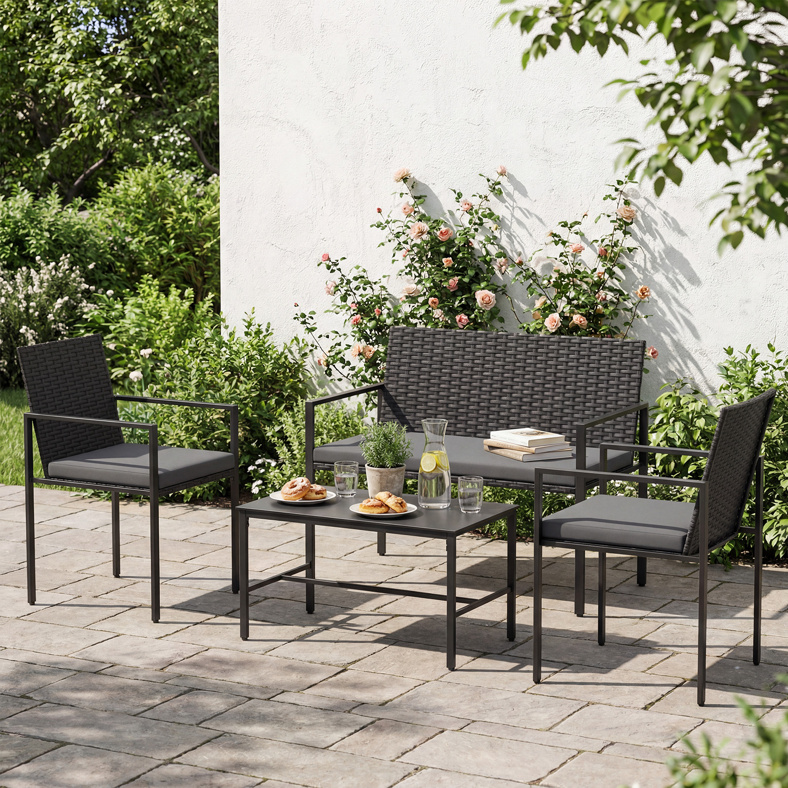 4-teiliges Gartenmöbel-Set Outdoor Rattan Stühle & Loveseat mit gehärtetem Glas-Couchtisch Grau