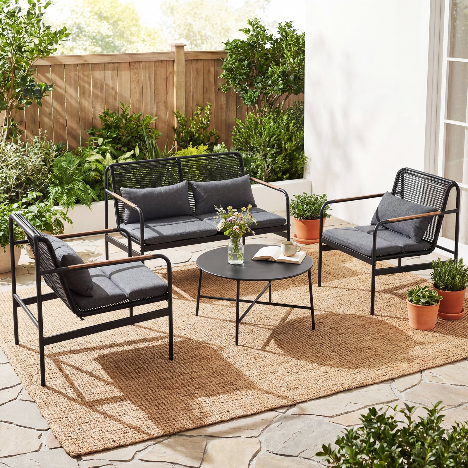 4-teiliges Gartenmöbel Sitzgruppe aus PE-Ratten mit Zweisitzer 2 Sessel & Couchtisch Grau