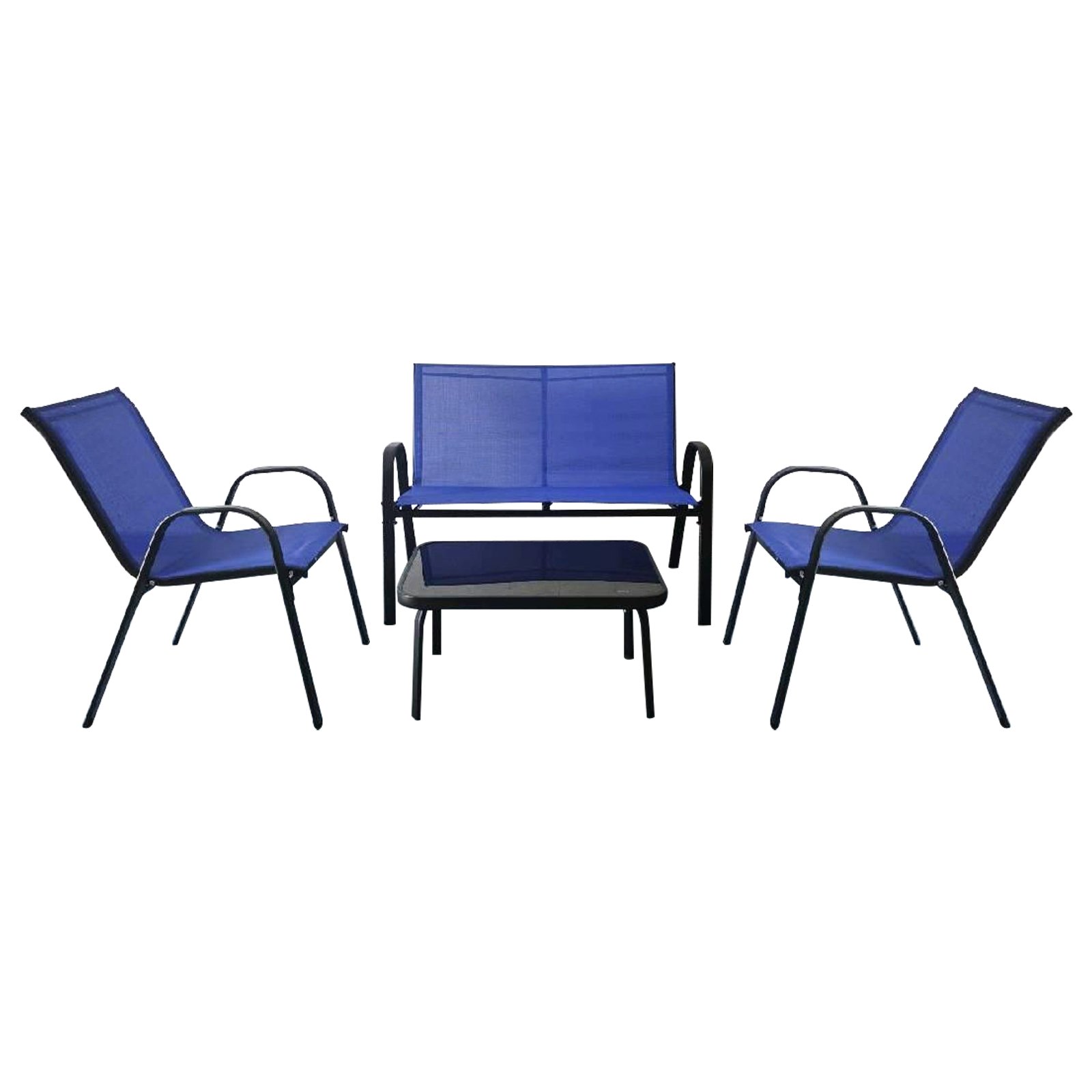 4-teiliges Patio Metallstuhl-Set Modernes Stuhlund Tisch-Set mit Stoffbezug Tischplatte aus gehärtetem Glas Blau