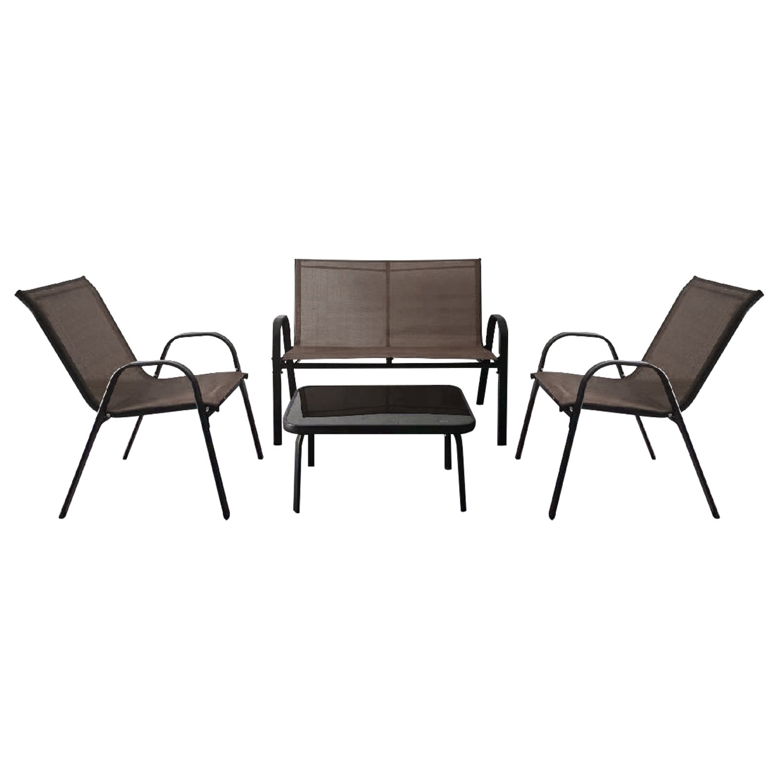 4-teiliges Patio Metallstuhl-Set Modernes Stuhlund Tisch-Set mit Stoffbezug Tischplatte aus gehärtetem Glas Braun