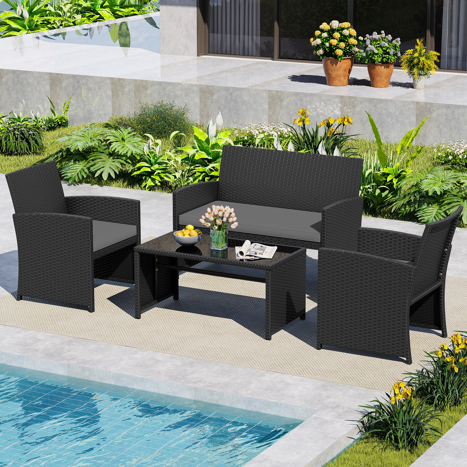 4-teiliges Rattan Gartenmöbel Wicker 2-Sitzer Sofa mit gehärtetem Glas-Couchtisch Grau
