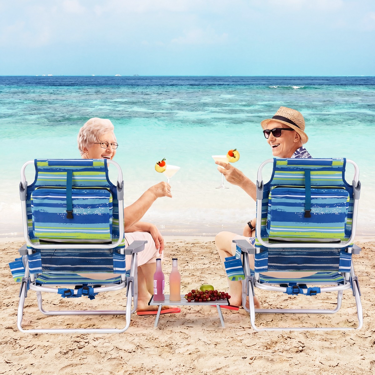 2er Set Strandstühle mit Tisch Klappbare Campingstühle mit Verstellbarer Rückenlehne Blau + Grün