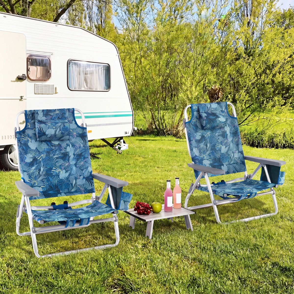 2er Set Strandstühle mit Tisch Klappbare Campingstühle mit Verstellbarer Rückenlehne Marine