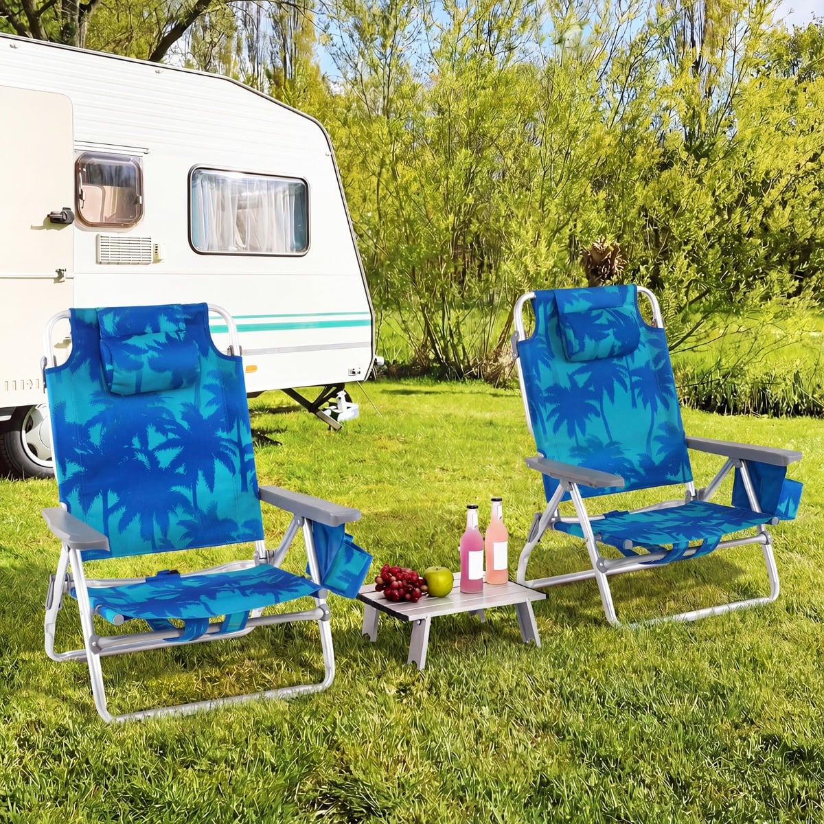2er Set Strandstühle mit Tisch Klappbare Campingstühle mit Verstellbarer Rückenlehne Kokosnusspalme