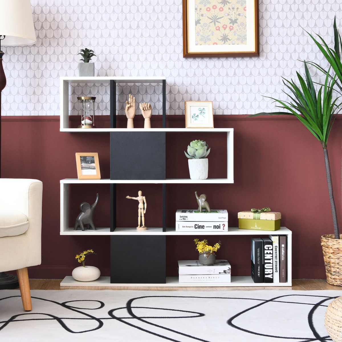 Moderner 5-stöckiger Raumteiler im Leiterstil aus Holz für Bücher 120 x 19,5 x 109 cm Schwarz & Weiß