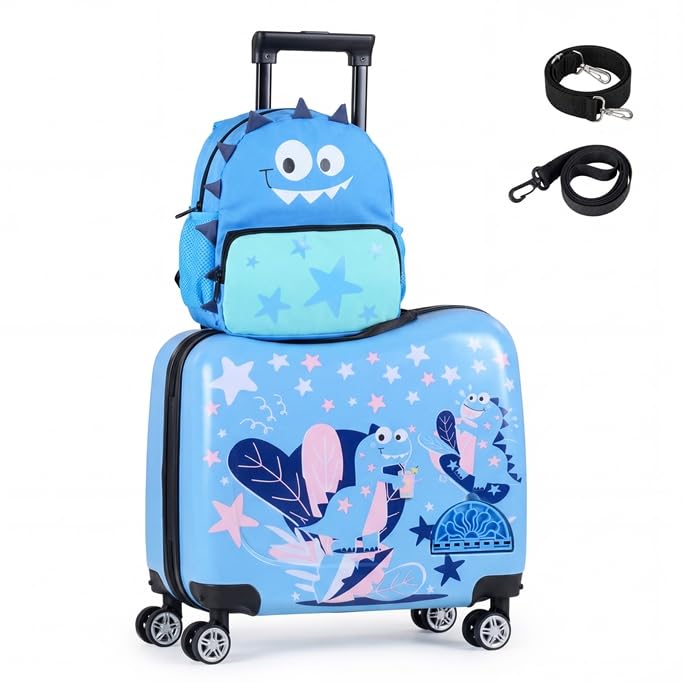2tlg Kinderkoffer + Rucksack 12'+18' Kindertrolley mit Rollen & Wasserdichter Hartschale Blau (Dinosaurier)